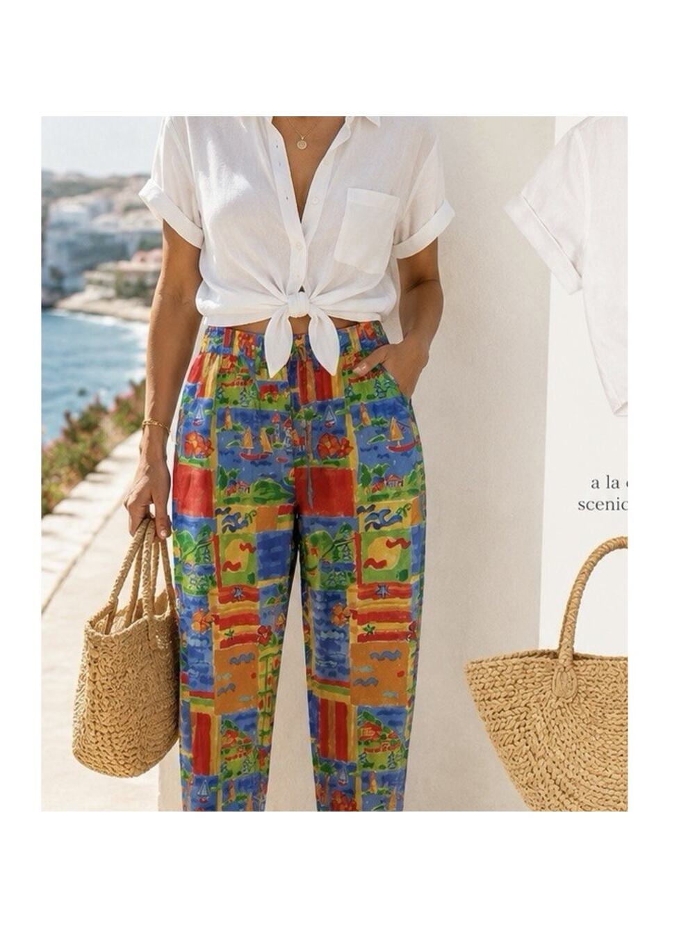 VTG 90s Rare Scenic Print Pants‎ AOP Colorful Nautical Lake Cottage Sz 12 Resort